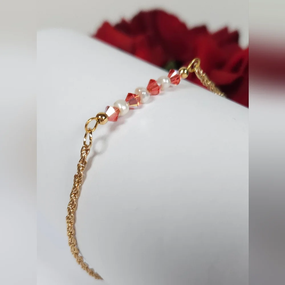 Handmade White Pearl & Pink Peach AB Crystal Bar Gold Bracelet Rope Twist Chain